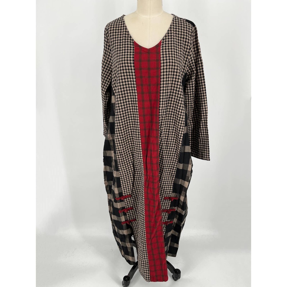 Checked Midi Dress with Red Center Panel